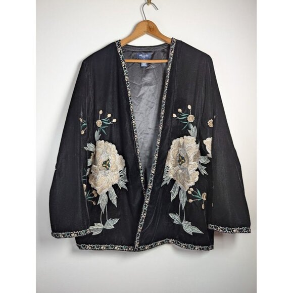 Velvet Embroidered Kimono Cardigan XL Whimsigoth Witchy Boho Lagenlook Artsy - Picture 1 of 10